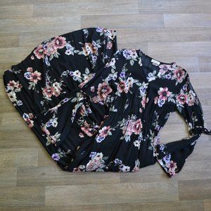 Black Wrap Floral Coldshoulder Bellsleeve Maxi Dress Side Slit Women Size Small